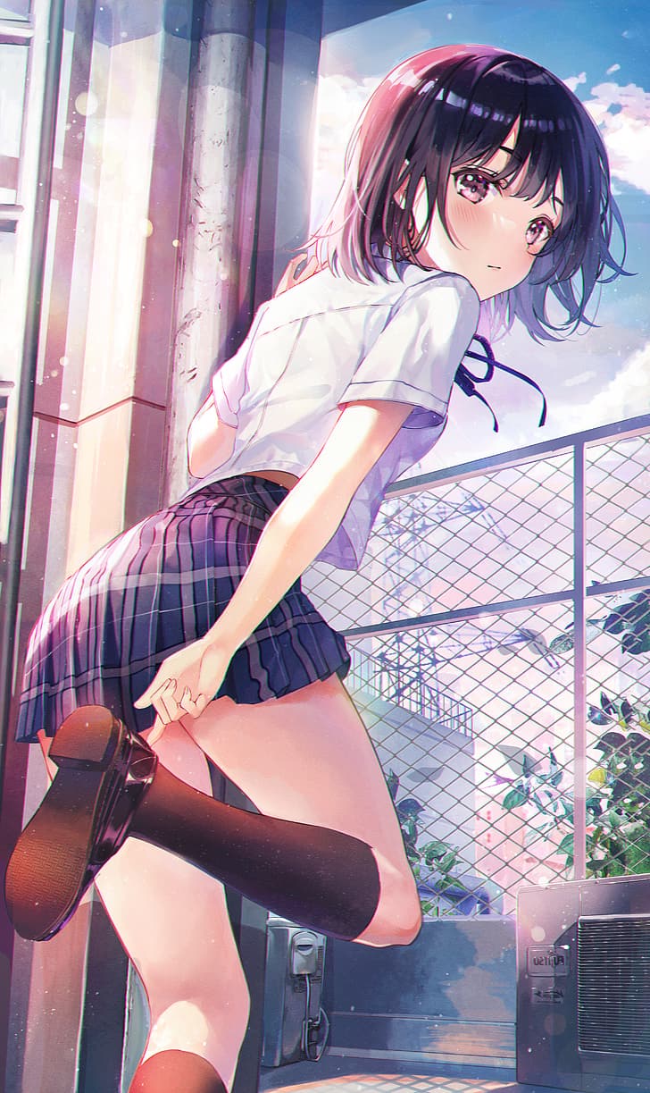 anime girls, short hair, rooftops, vertical, HD wallpaper