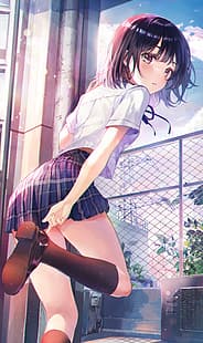  anime girls, short hair, rooftops, vertical, HD wallpaper HD wallpaper