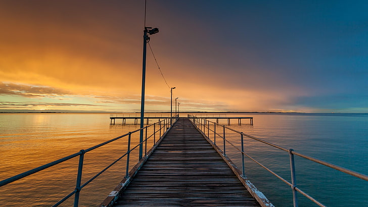 オーストラリア、クウィナナビーチ、地平線、水、空、桟橋、穏やかな、釣り桟橋、日没、雲、クウィナナ、夜、水景、海、夕暮れ、 HDデスクトップの壁紙