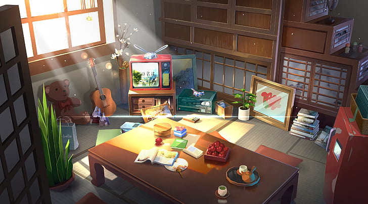 Anime, Original, Guitar, Room, TV set, Touhou, HD wallpaper