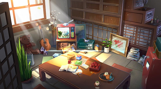 Аниме, оригинал, гитара, комната, телевизор, Touhou, HD обои HD wallpaper