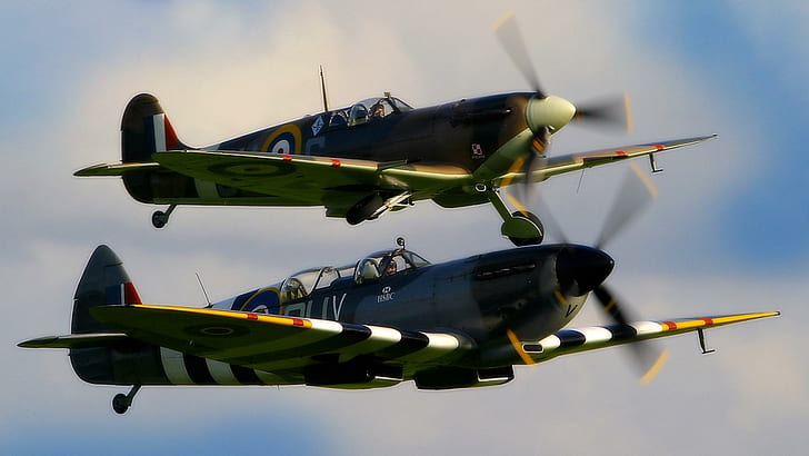 Spitfires, two gray-black-and-green airplanes, glen angus, victory gal, british, spitfire, supermarine spitfire, aircraft planes, HD wallpaper