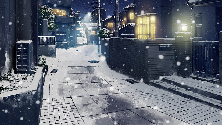 сива бетонна пътна илюстрация, сняг, нощ, град, Япония, аниме, произведения на изкуството, Макото Шинкай, HD тапет