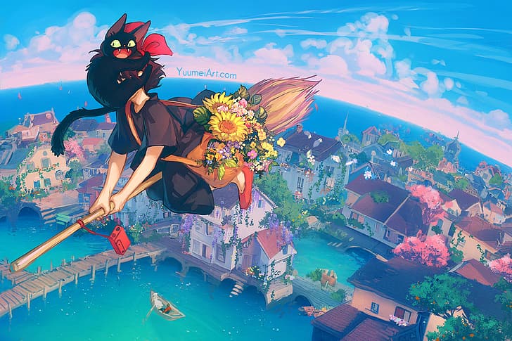 anime girls, anime, Kiki's Delivery Service, sky, Oki Kiki, jiji, cats, black cats, flowers, witch, animals, black hair, boat, bow tie, city, clouds, dress, black dress, headband, high angle, short hair, witch's broom, broom, flying, water, jetty, trees, Yuumei, HD wallpaper