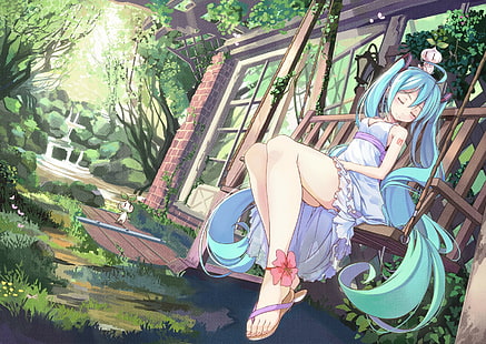 anime, animeflickor, Hatsune Miku, Vocaloid, långt hår, blått hår, blå ögon, ben, fötter, gräs, HD tapet HD wallpaper
