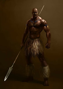 Ancient, Bodybuilder, fantasy Art, KwaZulu, Looking At Viewer, Natal, Old, South African, spear, warrior, weapon, HD wallpaper HD wallpaper