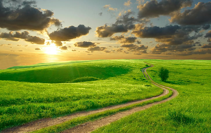 Summer road in hills, Nature, road, summer, sky, morning, sun, clouds, beautiful, hills, landscape, HD wallpaper