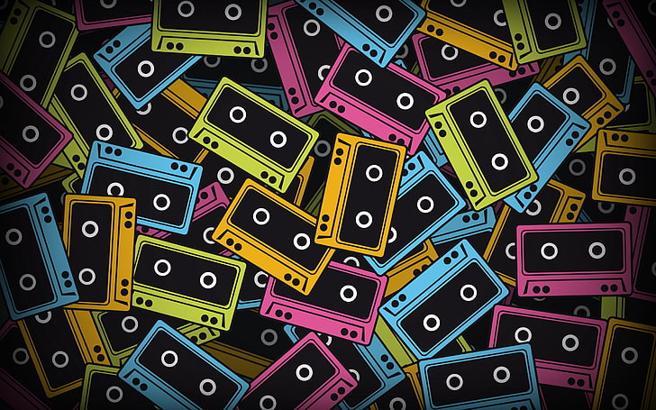 różne kolorowe kasety magnetofonowe, taśmy, kolorowe, tło, Tapety HD