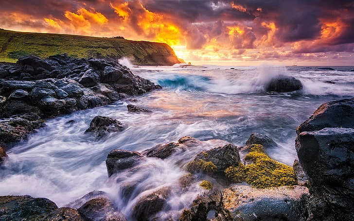 pintura abstracta marrón y negra, naturaleza, paisaje, puesta de sol, Isla de Pascua, Chile, costa, mar, roca, olas, nubes, acantilado, Fondo de pantalla HD