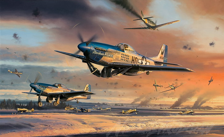 ilustracja myśliwca, samolot, Mustang, myśliwiec, malarstwo, II wojna światowa, P-51 Mustang, sztuka samolotu, Tapety HD