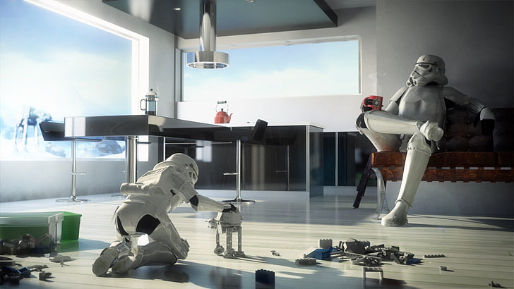 Star Wars Storm Trooper, Stormtrooper sitting on sofa and one other playing AT-AT toy on floor, Star Wars, stormtrooper, children, humor, digital art, artwork, LEGO, toys, HD wallpaper