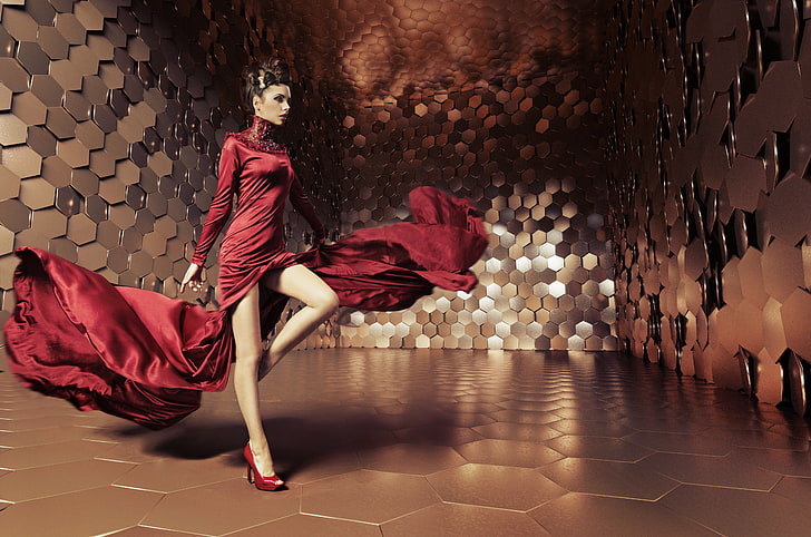 women's red long-sleeved high-neck slit dress, girl, dress, shoes, hairstyle, fashion, Konrad Bak, HD wallpaper