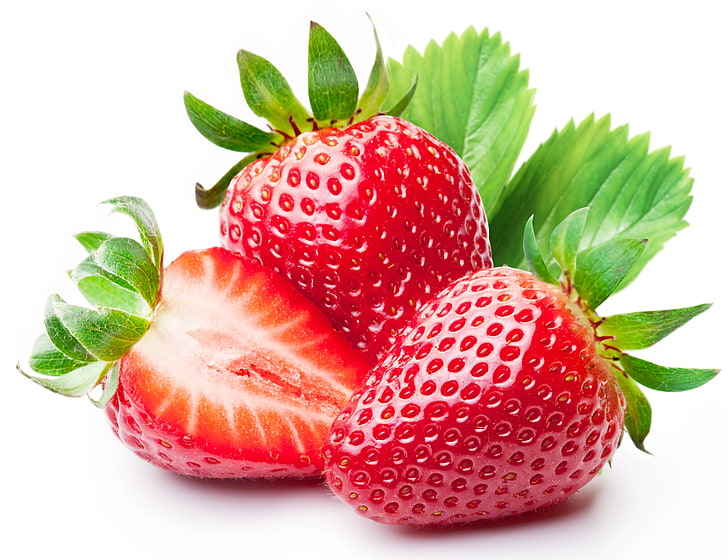 jordgubbsfrukt, jordgubbe, blad, skär, vit bakgrund, HD tapet