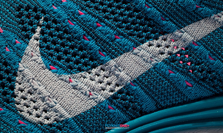 unpaired teal and gray Nike Flyknit shoe, fabric, emblem, Nike, Lunar, Flyknit One+, HD wallpaper