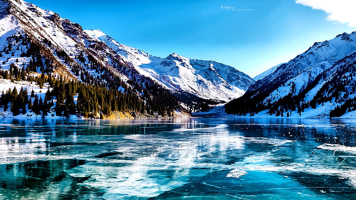 白と灰色の山、湖、木、谷、山、雪、氷、凍った湖、カザフスタン、風景、自然、反射、雪のピーク、ビッグアルマトイ湖、 HDデスクトップの壁紙