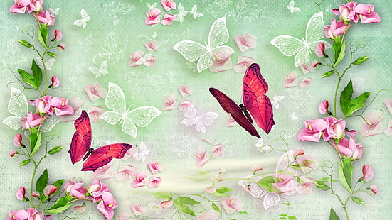 farfalle Firefox Persona Piselli dolci e farfalle Natura Fiori HD Arte, verde, fiori, ROSA, Firefox Persona, farfalle, morbido, Sfondo HD HD wallpaper