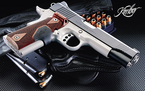 ปืนพกกึ่งอัตโนมัติสีเทาพร้อมซองหนังอาวุธ Kimber Pistol, วอลล์เปเปอร์ HD HD wallpaper