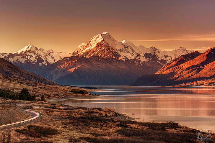 Планини, Aoraki / Mount Cook, Aotearoa, ледник, Национален парк Glacier, езеро Pukaki, пейзаж, планина, Нова Зеландия, път, залез, HD тапет