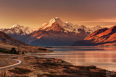 Montanhas, Aoraki / Mount Cook, Aotearoa, Geleira, Parque Nacional das Geleiras, Lago Pukaki, Paisagem, Montanha, Nova Zelândia, Estrada, Pôr do sol, HD papel de parede HD wallpaper