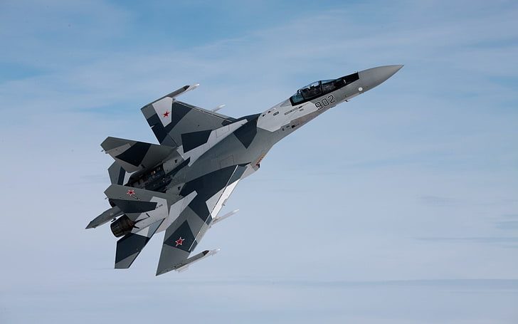 طائرة مقاتلة بيضاء ورمادية من طراز Sukhoi Su-35 ، طائرات ، طائرات عسكرية ، عسكرية، خلفية HD