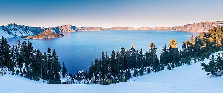 борови дървета на покрит със сняг терен в близост до водоем, пейзаж, широкоъгълен, езеро, кратерно езеро, Орегон, остров, зима, HD тапет