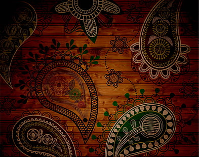 brązowe i wielobarwne tapety paisley, wzory, kolorowe, tło, deska, tekstura, Tapety HD HD wallpaper