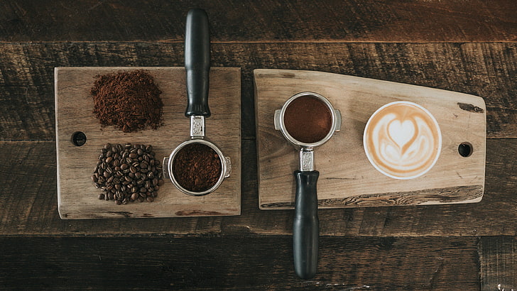 coffee, coffee beans, latte, latte art, wooden surface, wood, texture, ground coffee beans, HD wallpaper