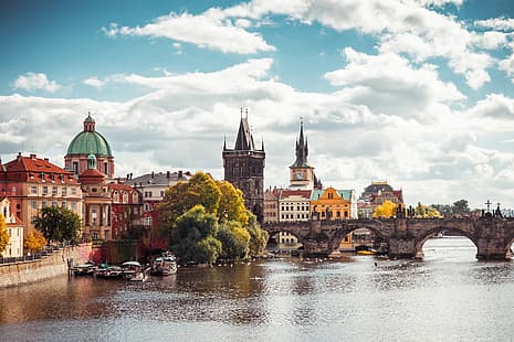 السماء ، الجسر ، النهر ، المنزل ، براغ ، جمهورية التشيك، خلفية HD HD wallpaper