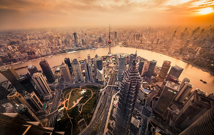 град, градски пейзаж, река, Шанхай, небостъргач, залез, HD тапет