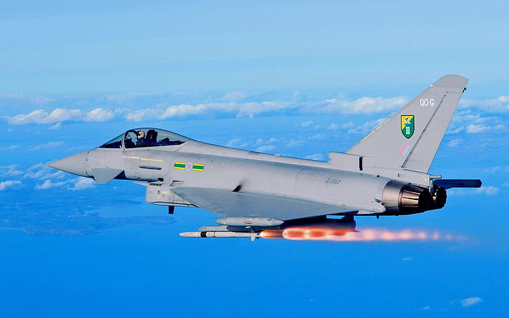Eurofighter Typhoon EF2000 истребитель, запуск ракеты, серый истребитель, Eurofighter, тайфун, истребитель, ракета, запуск, HD обои