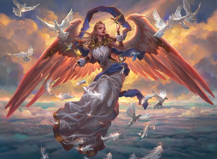 the sky, clouds, decoration, height, wings, angel, pigeons, Diadema, sky, big Breasts, Magic The Gathering, fantasy art, beautiful woman, jewelry, doves, tiara, myths, colorful picture, красочная картина, HD wallpaper