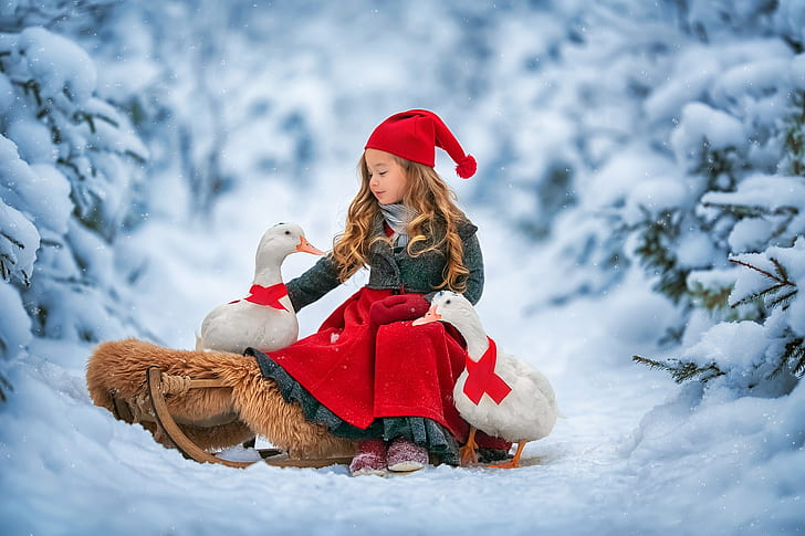 Photography, Child, Girl, Goose, Hat, Redhead, Snow, Winter, HD wallpaper