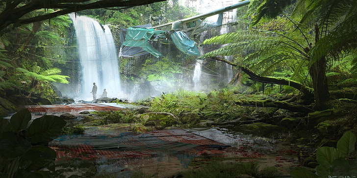 waterfalls and green trees, artwork, fantasy art, concept art, nature, survival, jungle, HD wallpaper