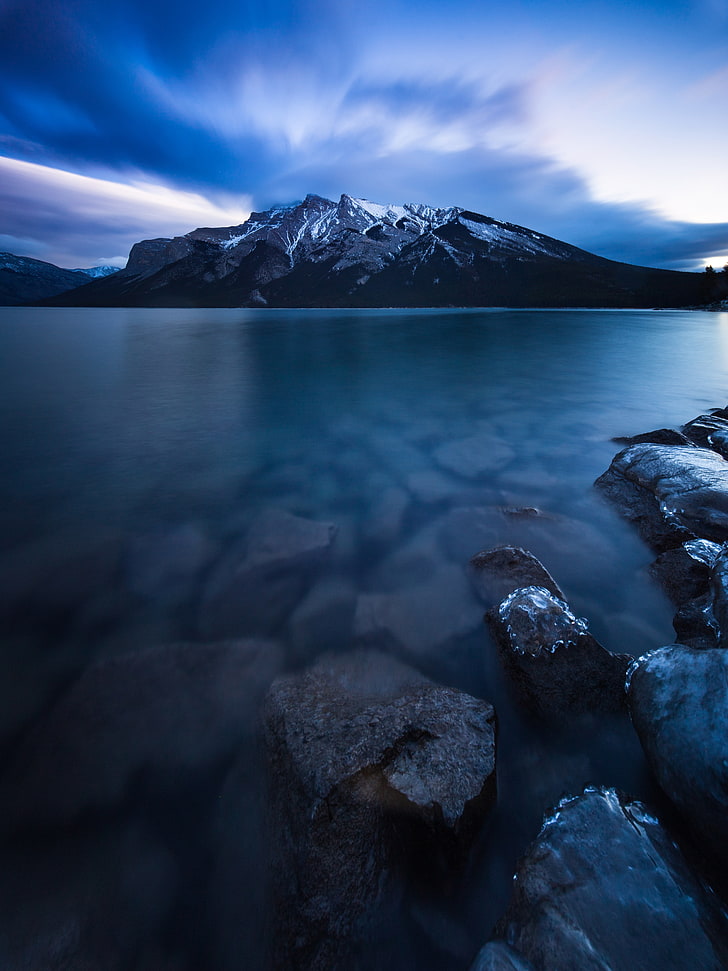 white mountain, minnewanka, lake, canada, mountains, HD wallpaper