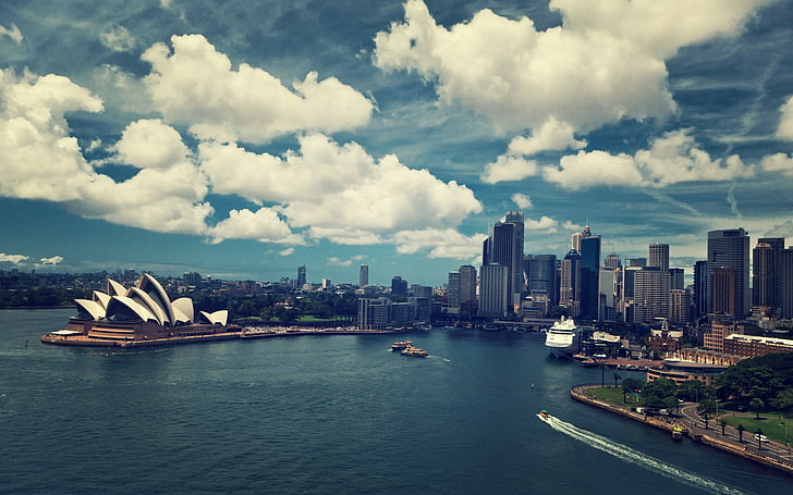 Сиднейский оперный театр, небо, городской пейзаж, город, Сидней, Сиднейский оперный театр, Австралия, городские, здания, архитектура, HD обои