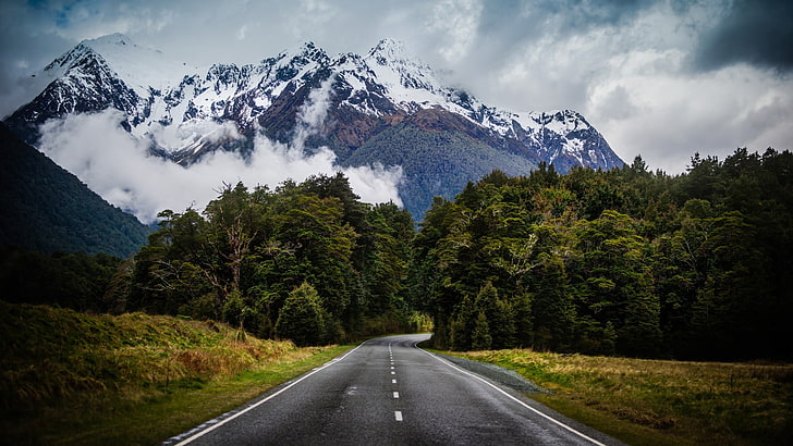carreggiata vicino alla montagna innevata durante il giorno, HDR, natura, paesaggio, montagne, strada, Nuova Zelanda, Sfondo HD