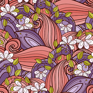 лилаво, бяло и оранжево флорално изкуство, шарки, цветя, драскулки, цветни, HD тапет HD wallpaper