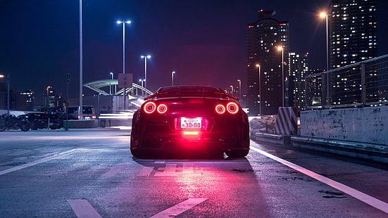 Nissan GT-R, Nissan, samochody japońskie, JDM, noc, miasto, samochód, pojazd, widok z tyłu, światła uliczne, wieżowiec, ulica, Tapety HD HD wallpaper