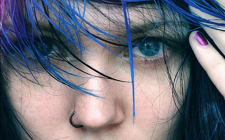 black nose piercing, model, women, face, dyed hair, blue eyes, blue hair, nose rings, pierced nose, violet nails, purple nails, looking at viewer, HD wallpaper