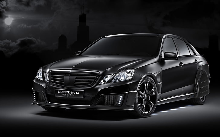 black Mercedes-Benz E-class sedan, black, tuning, Mercedes-Benz, E V12, Brabus, HD wallpaper
