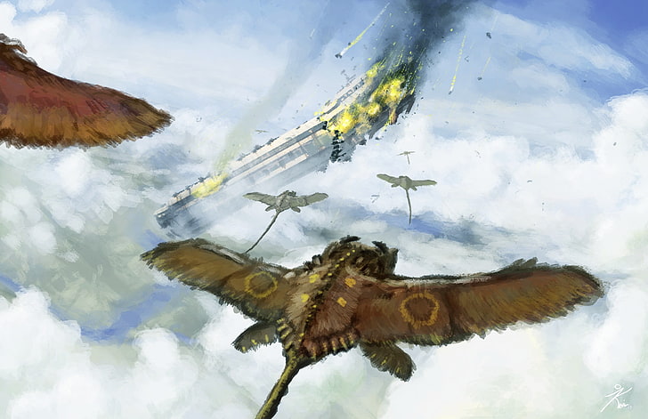 flying animal illustration, sky, birds, bats, moths, clouds, spaceship, debris, fantasy art, manta rays, HD wallpaper