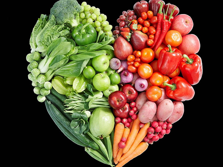 assorted fruits and vegetables, vegetables, heart, green, red, shades, HD wallpaper