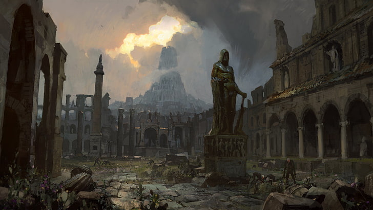 Statue umgeben von Strukturen digitale Tapete, Pfad des Exils, digitale Kunst, Videospiele, Ruinen, HD-Hintergrundbild