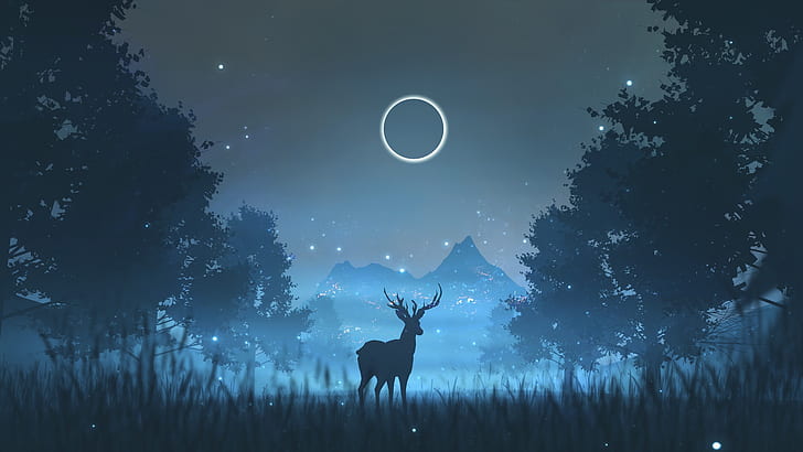 Fantasy Animals, Deer, Animal, Eclipse, Firefly, Night, HD wallpaper