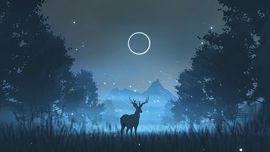 Zwierzęta fantasy, jeleń, zwierzę, zaćmienie, świetlik, noc, Tapety HD HD wallpaper