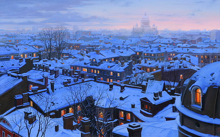brown bare tree, winter, snow, the city, home, the evening, roof, Saint Petersburg, Cathedral, painting, evening, houses, Eugeny Lushpin, Eugene Lushpin, Lushpin, Isaac, St Petersburg roofs, St Petersburg, Saint Isaac's cathedral, roofs, HD wallpaper