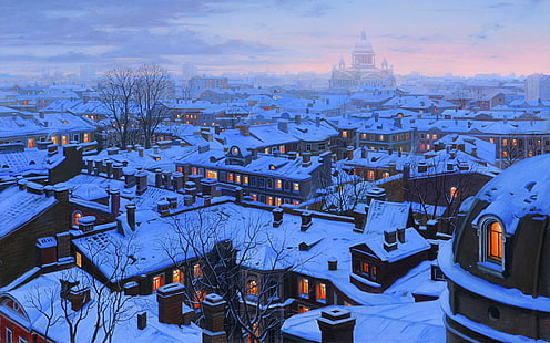 brown bare tree, winter, snow, the city, home, the evening, roof, Saint Petersburg, Cathedral, painting, evening, houses, Eugeny Lushpin, Eugene Lushpin, Lushpin, Isaac, St Petersburg roofs, St Petersburg, Saint Isaac's cathedral, roofs, HD wallpaper HD wallpaper