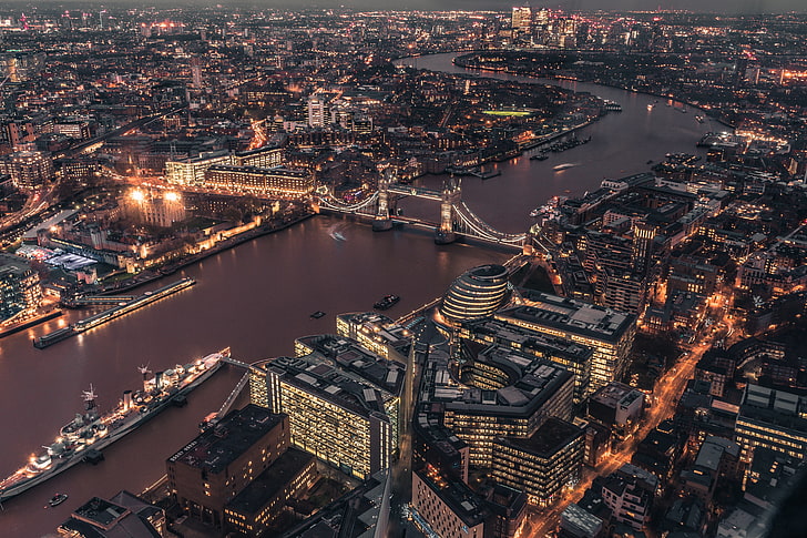 lampu kota, london, uk, lampu kota, jembatan, tampilan atas, Wallpaper HD
