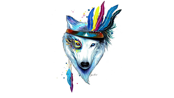 wolf wearing feather headband Wallpaper, drawing, feathers, colorful, simple background, animals, artwork, HD wallpaper