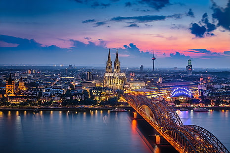 lumière, pont, la ville, lumières, Allemagne, cathédrale de Cologne, Cologne, Fond d'écran HD HD wallpaper